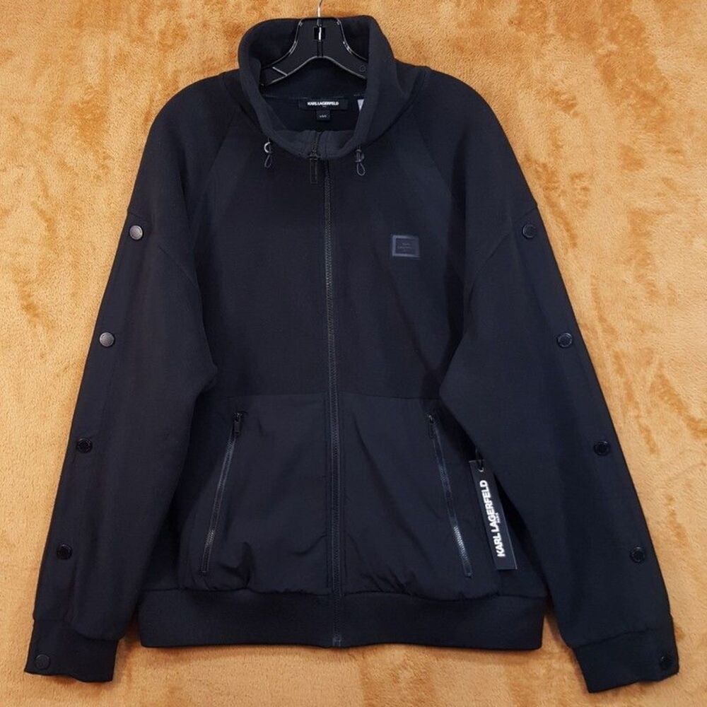 KARL LAGERFELD Jacket Mens Large Black Tech Fleece Full Zip Performance $249